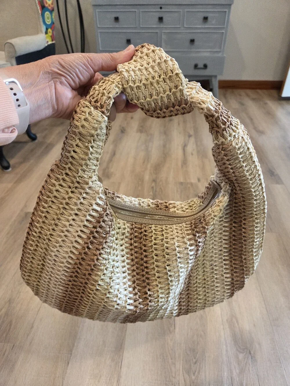 Urban Expressions Striped Hobo Bag Top Knot Handle Zip Lined Inner Pockets Tan
